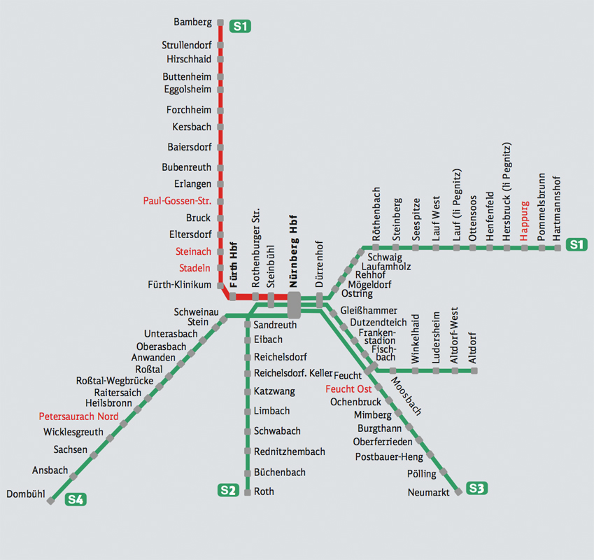 Zukünftiges Liniennetz der S-Bahn mit neugebauten Haltepunkten“